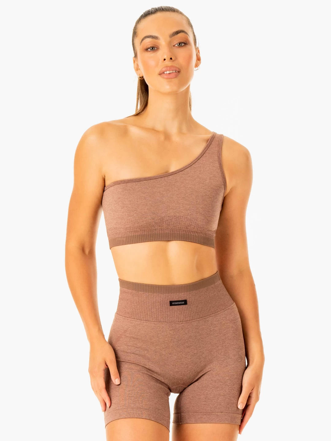 Excel Seamless One Shoulder Sports Bra - Mocha Marl 1 Excel Seamless One Shoulder Sports Bra - Mocha Marl