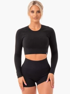 Rib Seamless Long Sleeve Top - Black