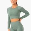 Rib Seamless Long Sleeve Top - Green Marl